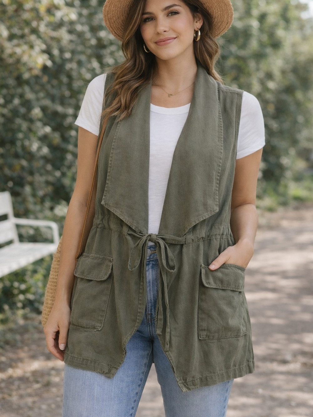 Sanctuary Olive Green Utility Vest Womens L Sleeveless Jacket Cargo Tie Waist